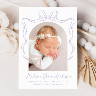 Faire-part Élégante Lavande Vintage Bow photo naissance