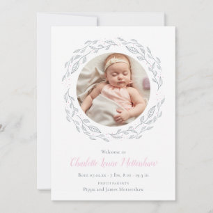 Faire-part Élégante Photo de Bébé Fille Guirlande Florale Nai