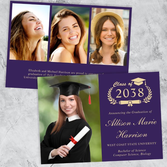 Faire-part Élégante Photo Purple Gold College Graduation (An elegant college graduation announcement to celebrate the graduate's achievements)