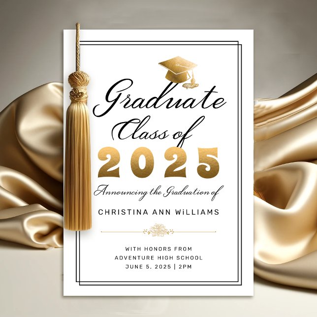 Faire-part Élégante remise de diplôme 2025 écriture noire sur (Elegant White Gold Script Graduation Announcement)