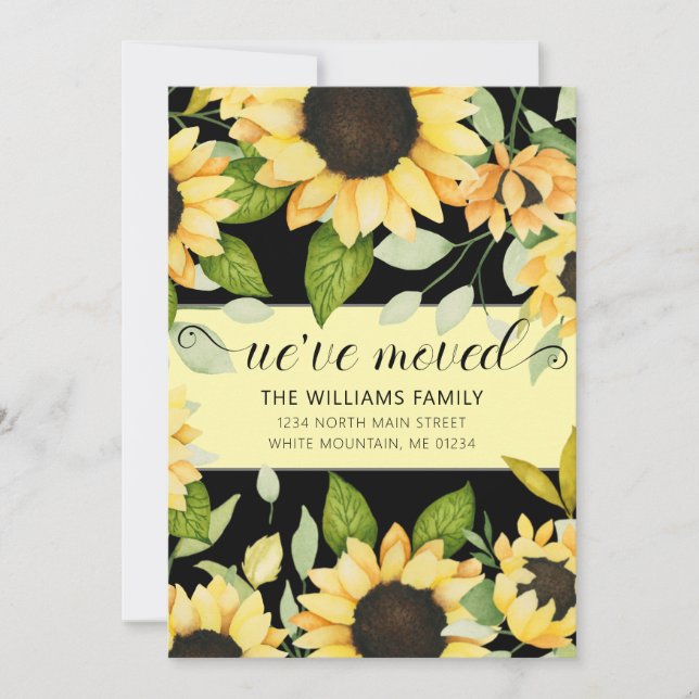 Faire-part Elégante Tournesol Aquarelle Florale Black Moving (Devant)