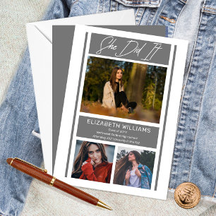 Faire-part Elle L'A Fait Simple Minimaliste Graduation Gris