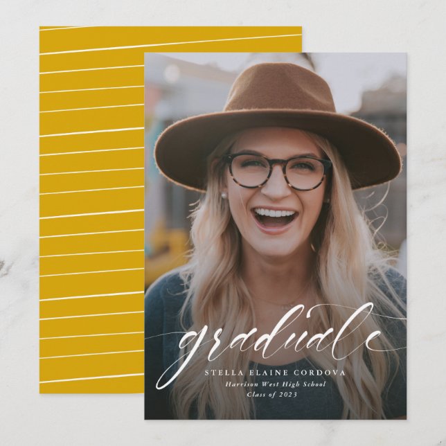 Faire-part en or simple script diplômé avec photo (Devant / Derrière)