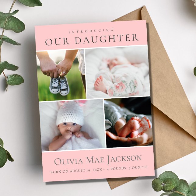 Faire-part Enfant rose Fille 4 Photo Collage Naissance (Introducing Our Daughter 4 Photo Baby Birth Announcement)