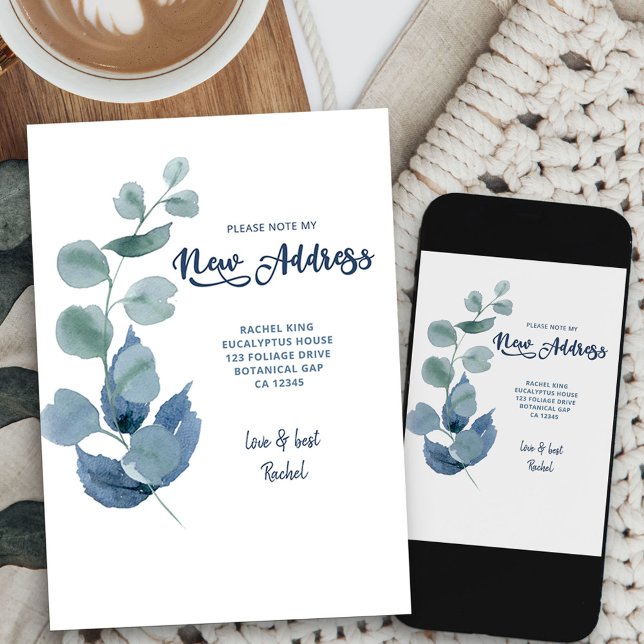 Faire-part Eucalyptus bleu vert feuillage en mouvement (simple eucalyptus new address card available printed or as printable digital download)