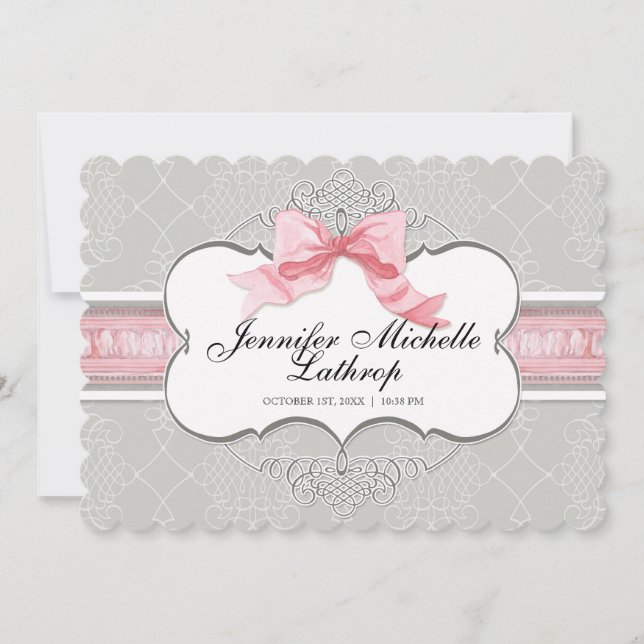 Faire-part Faire annonce de naissance Fille au motif Damassé  (Devant)