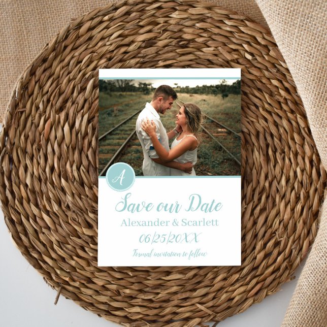 Faire-part Faire part de sauvegarde de photo de monogramme sa (Teal Monogram Photo Save the Date Announcement)