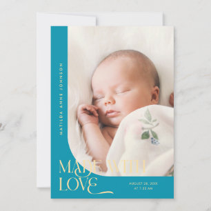Faire-part Fait Avec Amour Aqua Blue Photo Naissance