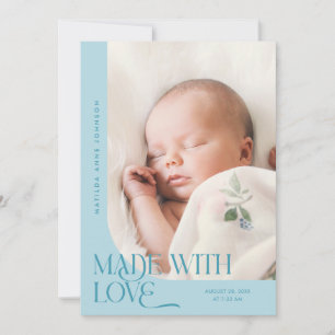 Faire-part Fait avec amour Turquoise Photo Naissance