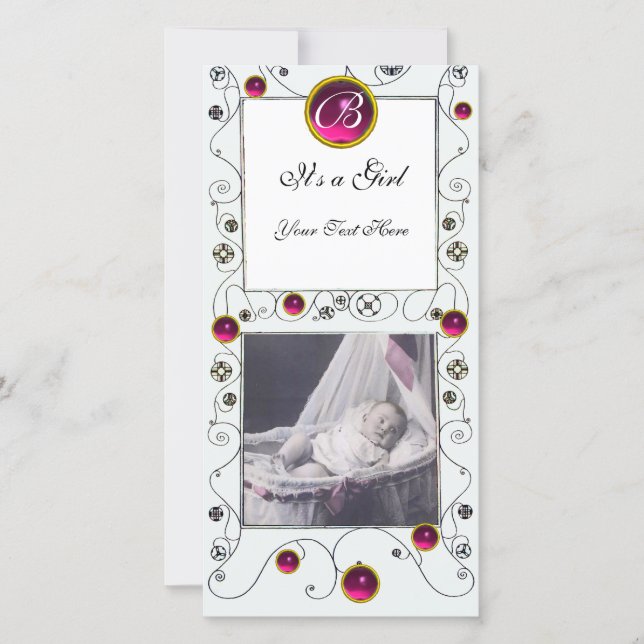Faire-part FANCY SWIRLS BÉBÉ FILLE MONOGRAM, ruby blanc (Devant)