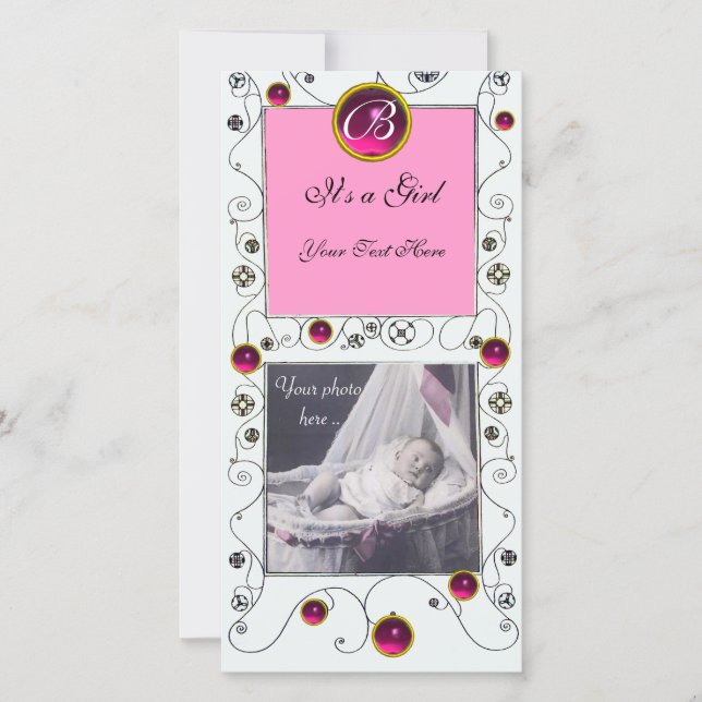 Faire-part FANCY SWIRLS BÉBÉ FILLE MONOGRAM, ruby blanc (Devant)