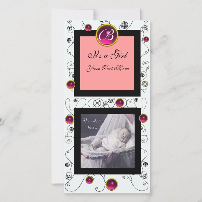 Faire-part FANCY SWIRLS BÉBÉ FILLE MONOGRAM, ruby blanc (Devant)