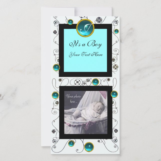 Faire-part FANCY SWIRLS BÉBÉ GARÇON MONOGRAM, aquamarine blan (Devant)