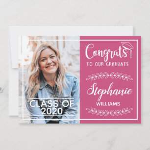 Faire-part Félicitations grand moderne rose photo de graduati