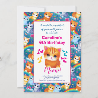 Faire-part Fête d'anniversaire de Girl Kittens sur Rainbows