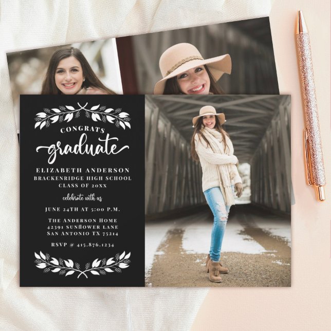 Faire-part Fête de graduation Black White Photo moderne (An elegant black and white photo graduation party announcement.)
