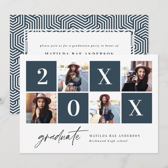 Faire-part Fête de graduation en typographie géométrique 4 ph (Devant / Derrière)