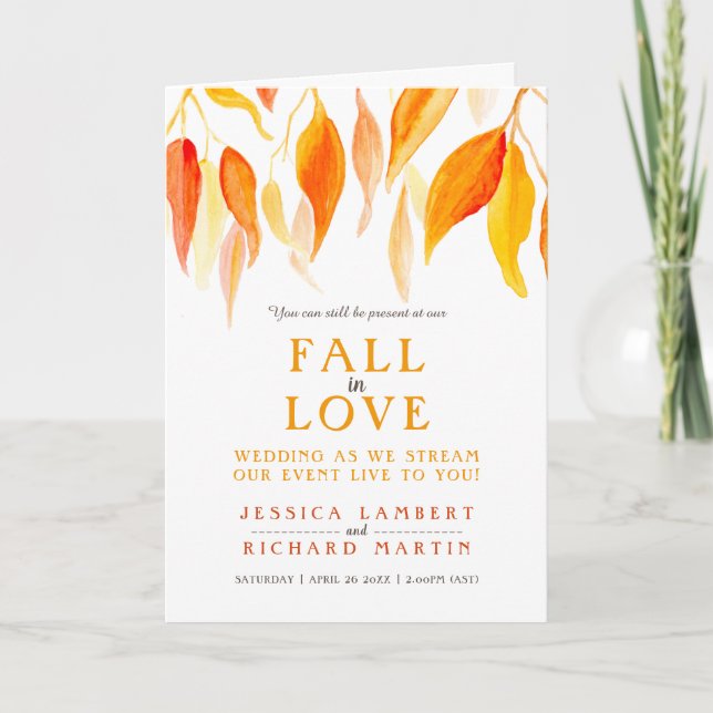 Faire-part Feuilles tombent en amour mariage en direct photo (Devant)