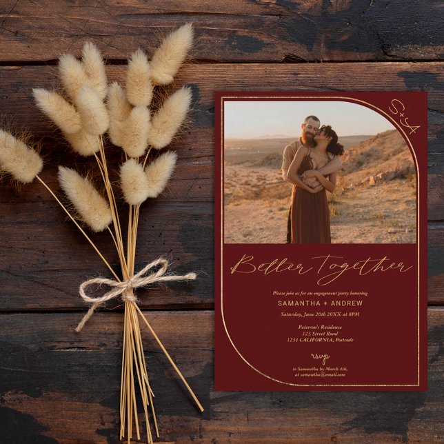 Faire-part Fiançailles de photos rouge bordeaux or (Créateur téléchargé)