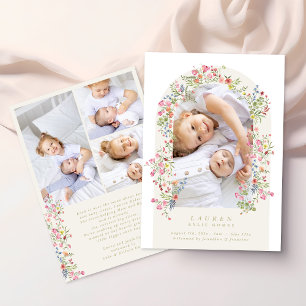 Faire-part fille arche florale 4 photo texte personnalisé nai