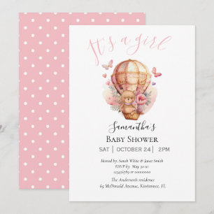 Faire-part Fille Teddy Bearly Wait Hot Air Balloon rose