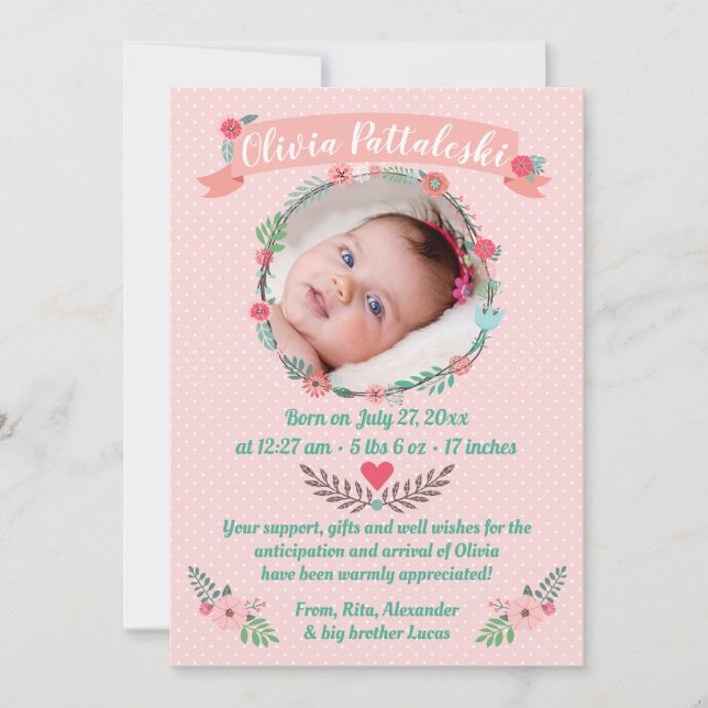 Faire-part Filles Photo Floral Wreath Baby Arrivée Merci (Devant)