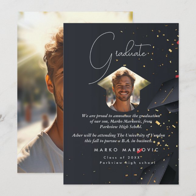 Faire-part Fils de diplôme I Grey (Devant / Derrière)