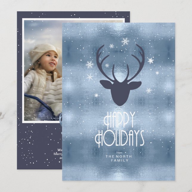 Faire-part Flèches de cerfs Antlers Photo de Noël bleu ID861 (Devant / Derrière)