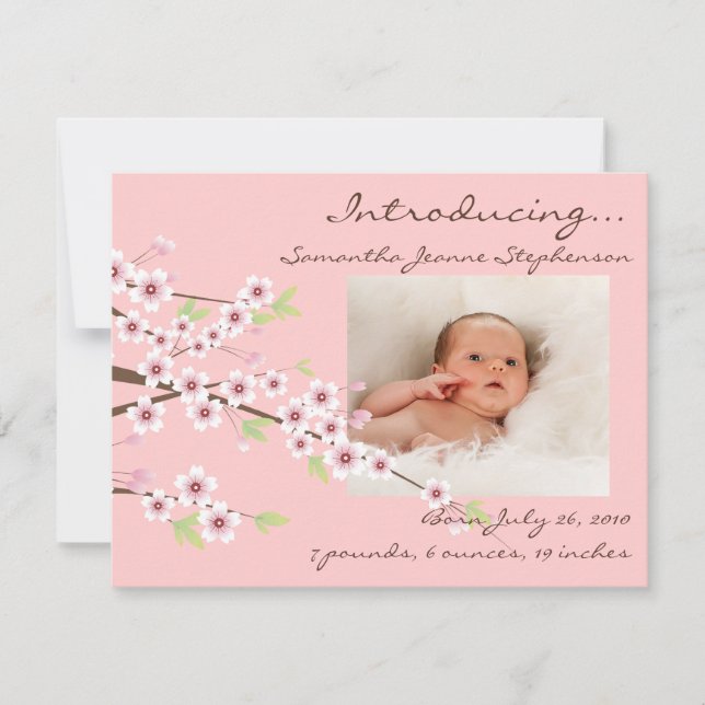 Faire-part Fleur de cerisier rose et bébé fille brun photo na (Devant)