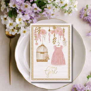 Faire-part Fleur Rose et Or Cage à Oiseaux Fille Baty Naissan