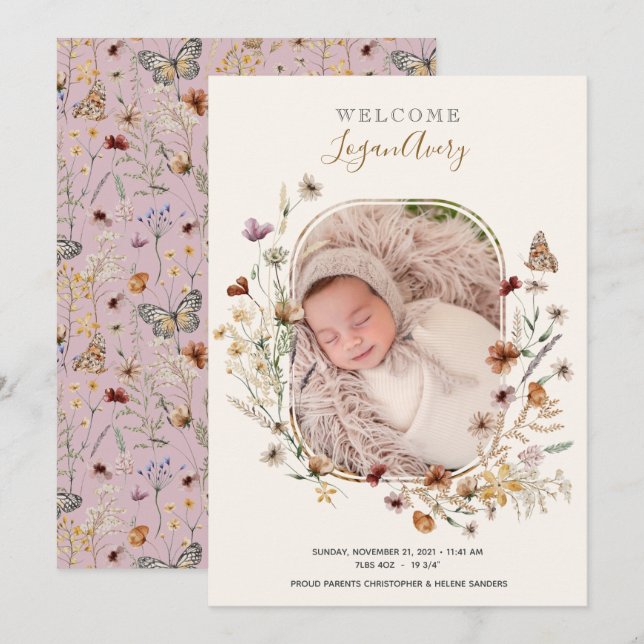 Faire-part Fleur sauvage Floral Nouveau bébé photo de naissan (Devant / Derrière)