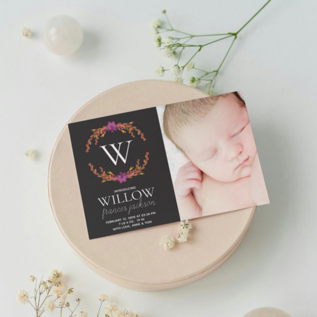 Faire-part Fleurs à monogramme Photo de nouveau-née fille Per (Créateur téléchargé)