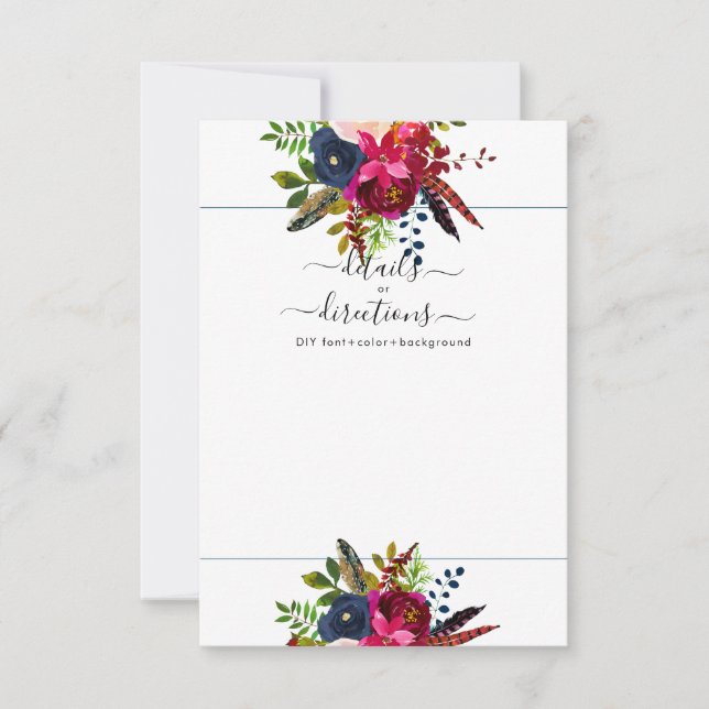 Faire-part Fleurs d'aquarelle Blush, Bourgogne+Marine (Devant)