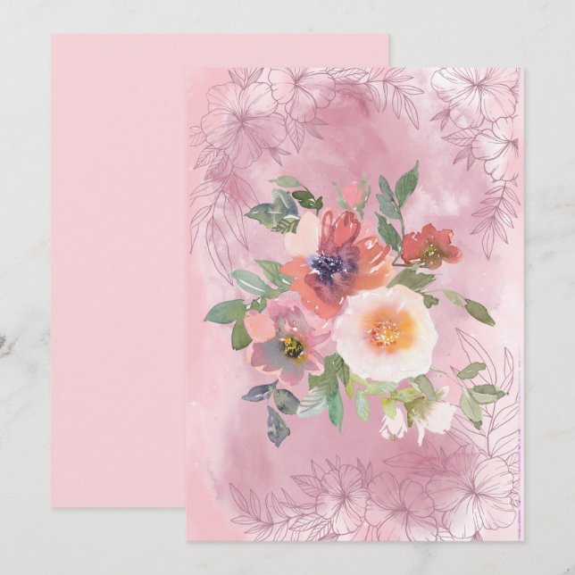 Faire-part Fleurs d'aquarelle rose pâle (Devant / Derrière)