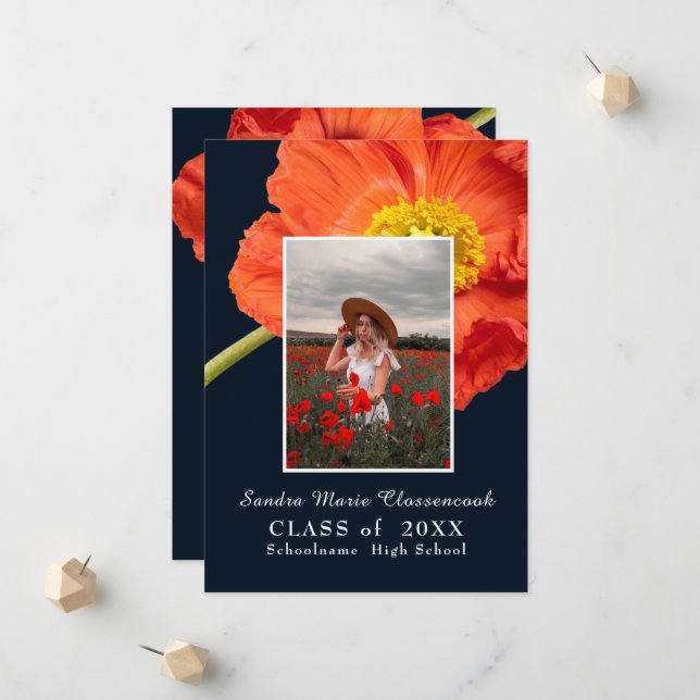 Faire-part Fleurs de pavot rouge Cadre photo Graduation moder (Devant/Arrière en situation)