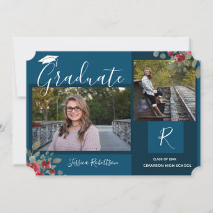 Faire-part Fleurs diplômées et Carré Script bleu