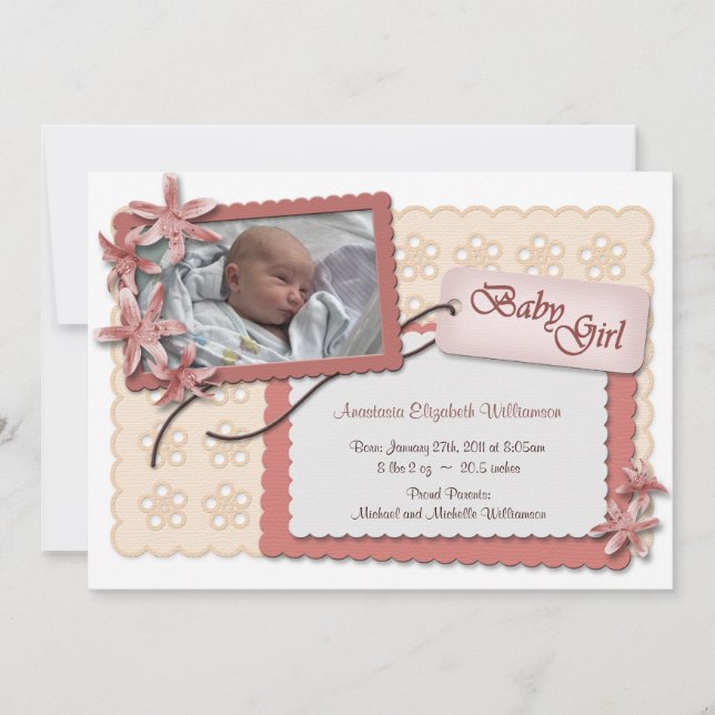 Faire-part Fleurs et Dentelle rose annonce de naissance (Devant)