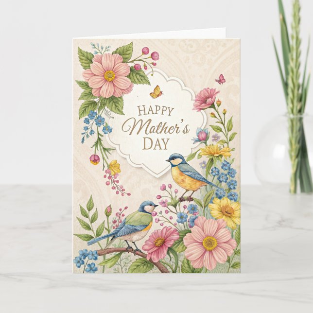 Faire-part Fleurs et oiseaux Fête des mères (Devant)