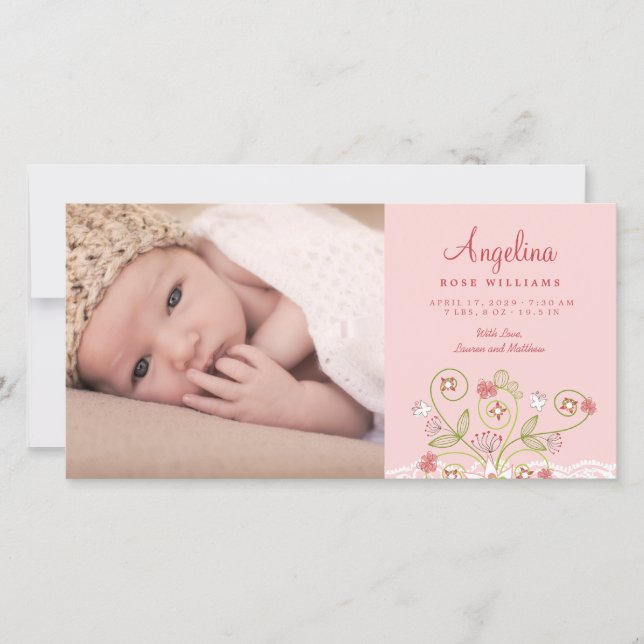 Faire-part Fleurs florales roses Whimsical Baby Girl Photo Na (Devant)