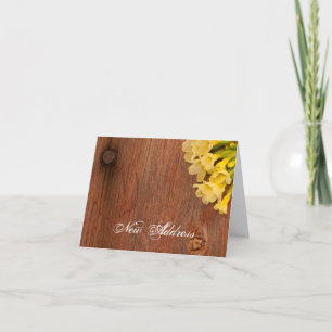 Faire-part Fleurs jaunes et bois de grange Nouvelle adresse