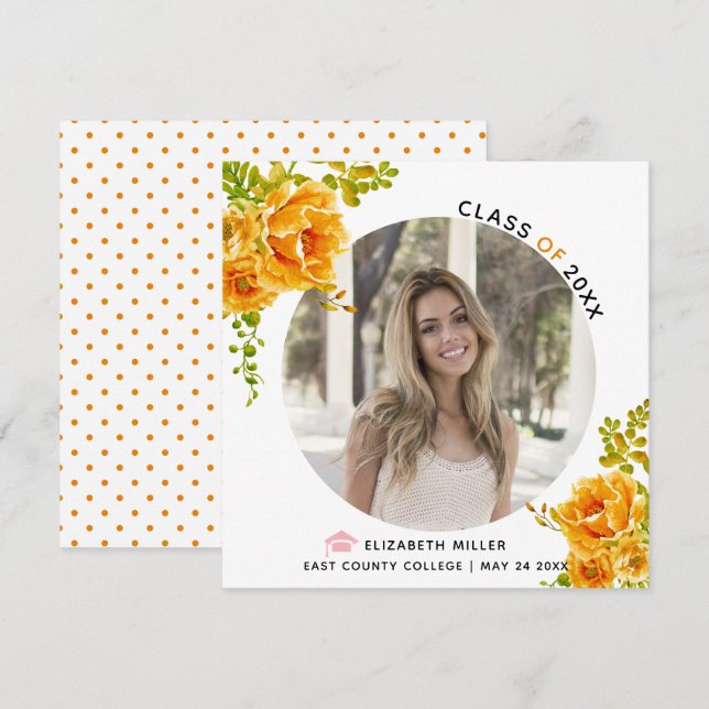 Faire-part Fleurs orange Classe de photo de graduation 2025 (Devant / Derrière)