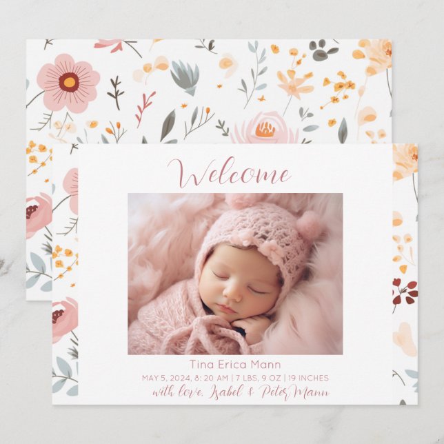 Faire-part Fleurs Pastel Accueil Bébé Fille Naissance (Devant / Derrière)