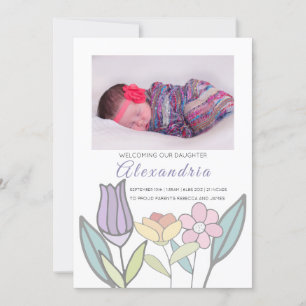 Faire-part Fleurs Pastel Nouveau Bébé Personnalisées (vert)