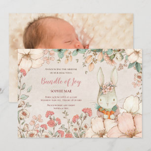 Faire-part Fleurs photo vintage lapin mignonne bébé fille nai
