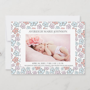 Faire-part Fleurs Rose Bleu Fille Photo Annonce Naissance