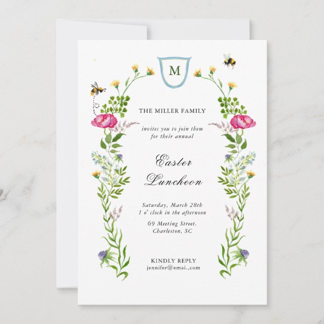 Faire-part Fleurs sauvages avec monogramme Déjeuner de Pâques (Devant)