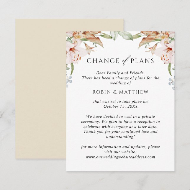 Faire-part Fleurs Terroses Beige Changement de Plans Mariage (Devant / Derrière)