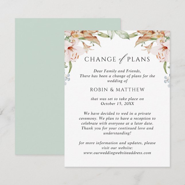 Faire-part Fleurs Terroses Changement de Plans de Mariage Ver (Devant / Derrière)