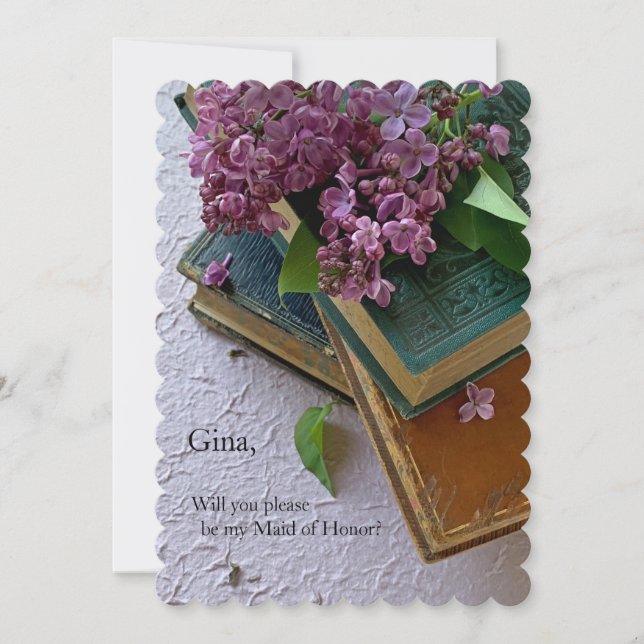 Faire-part Fleurs violettes sur livres vintages (Devant)