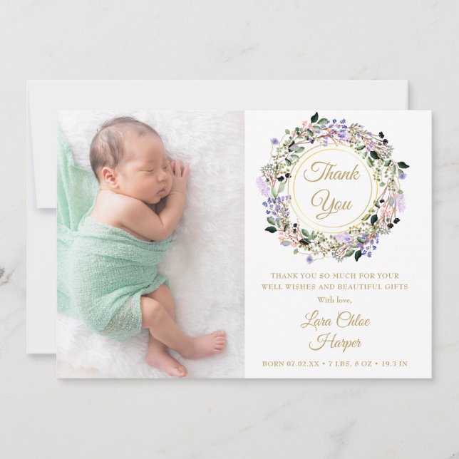Faire-part Floral Baby 2 Photo Gold Merci naissance (Devant)
